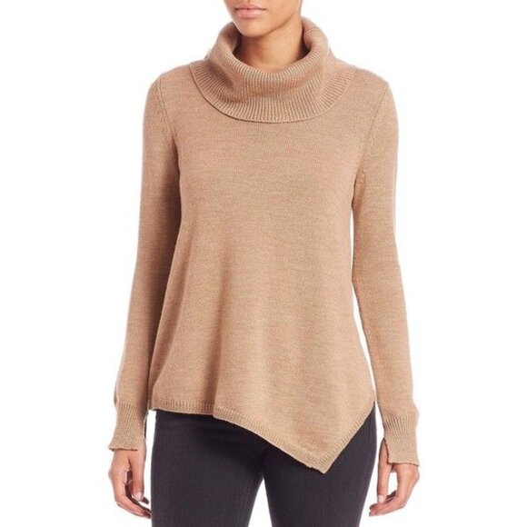 BCBGMAXAZRIA Waris Asymmetrical Merino Wool Turtleneck Sweater Camel Tan S - Picture 1 of 16